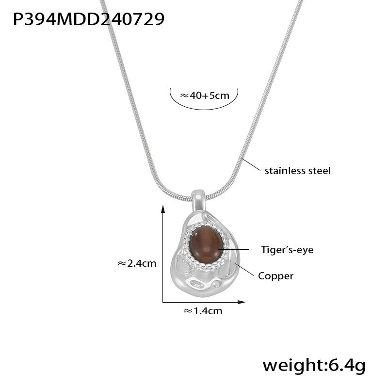 18K Gold-Plated Tiger Eye Oval Pendant Necklace