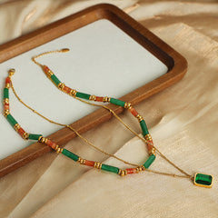 Green Stone & Geometric Pendant Layered Necklace
