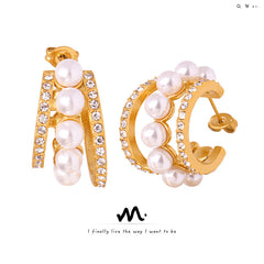 Pearl-Look & Clear Stone Open Hoop Earrings