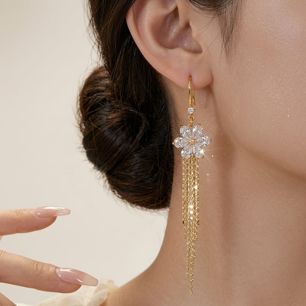 14K Crystal Floral Tassel Earrings