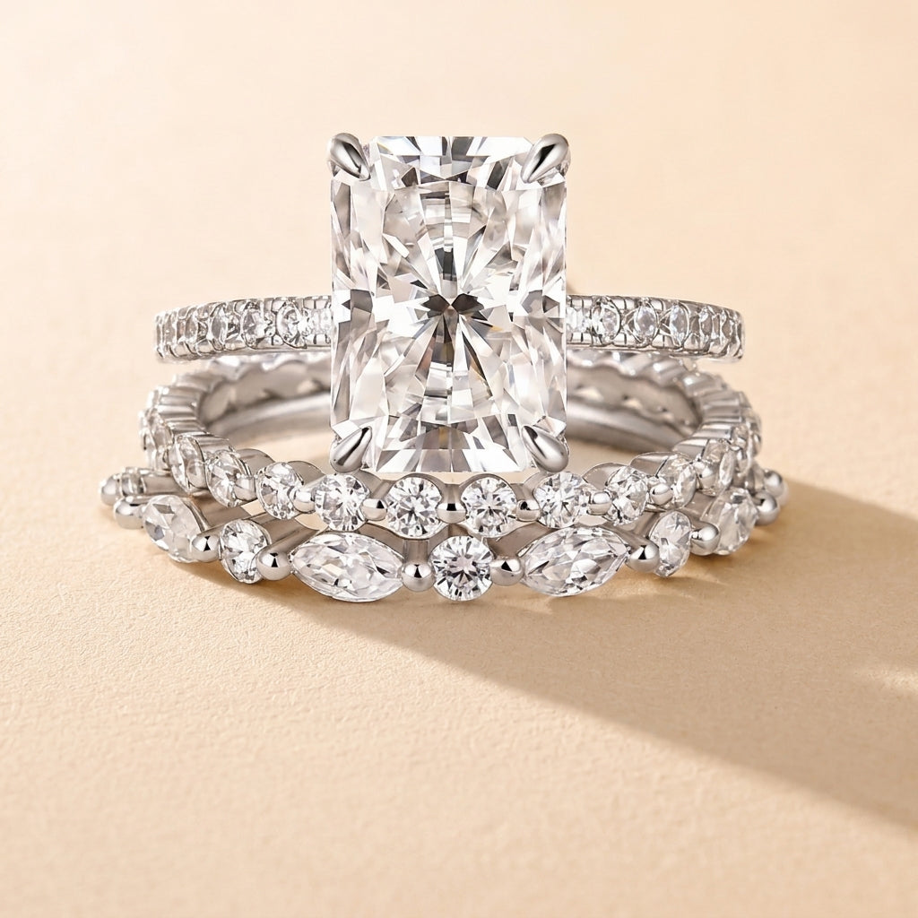 3-Piece Pave Solitare Cut Ring Stack