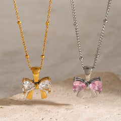 Dainty Feminine Diamond Bow Necklace