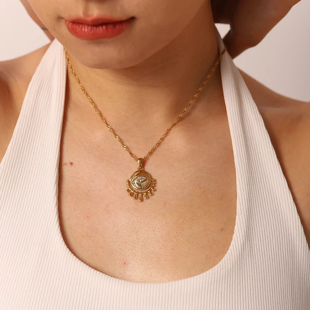 18K Dainty Sun & Moon Evil Eye Necklace