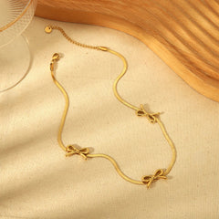 18K Feminine Bow Herringbone & Dainty Pearl Necklace