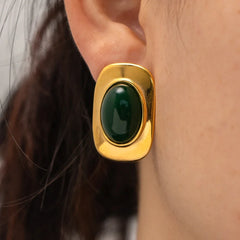 18K Green Oval Opal Rectangle Earrings
