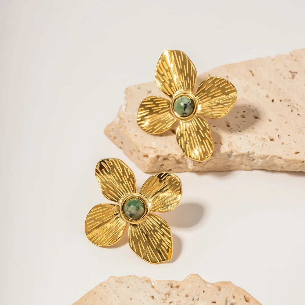18K Green Stone Floral Stud Earrings