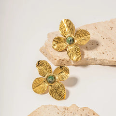 18K Green Stone Floral Stud Earrings