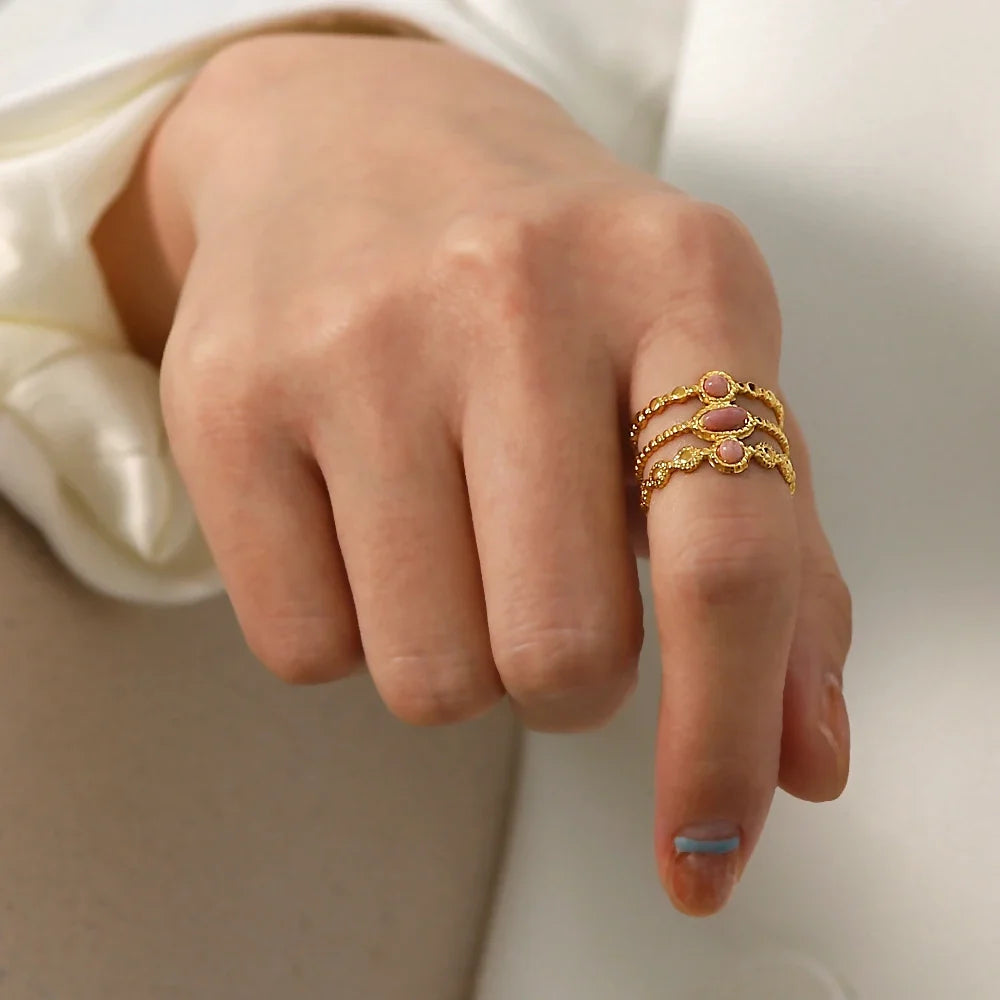 18K Triple Rose Stone Ring Stack