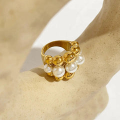 18K Chunky Gold Accented Pearl Bead Ring