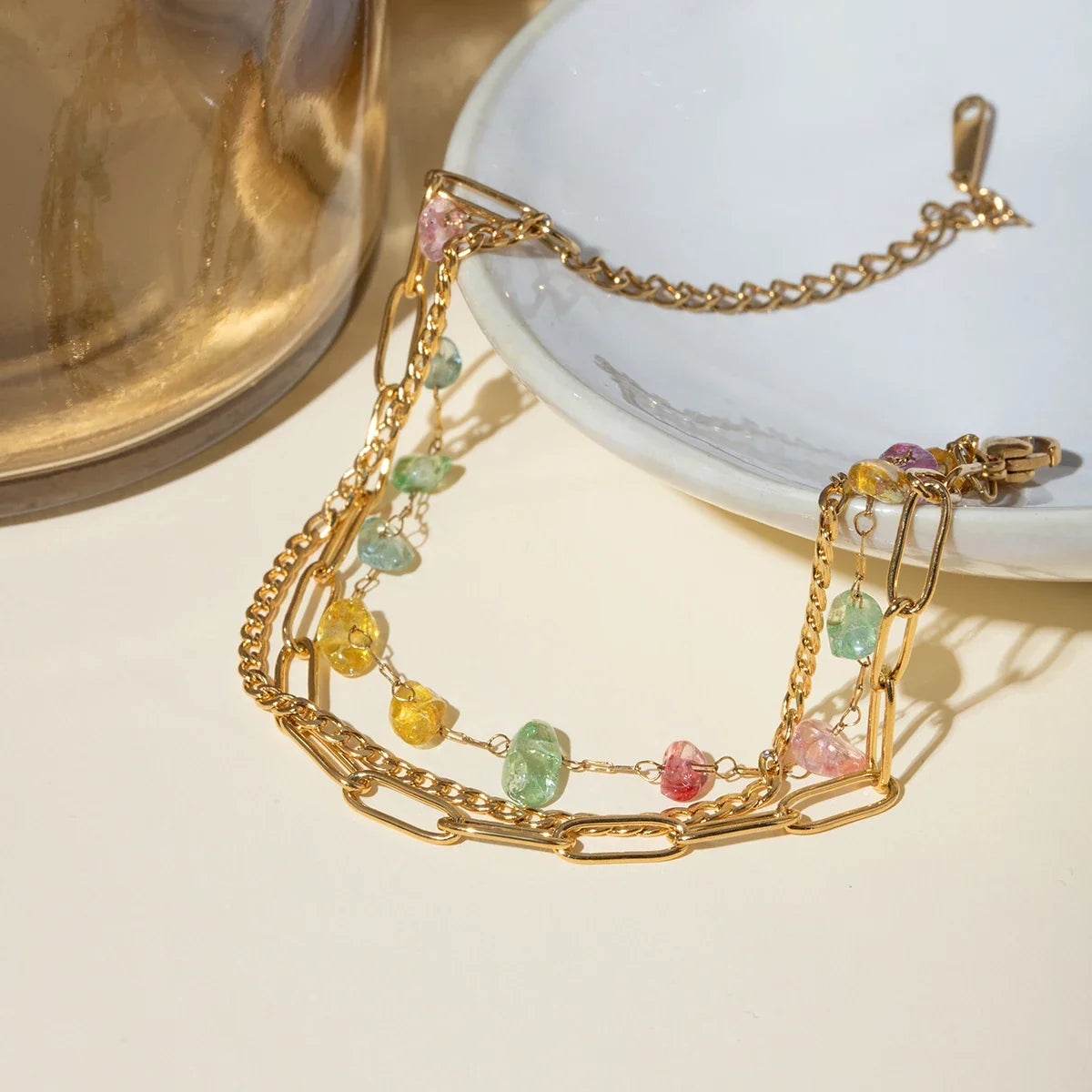18K Stacked Curb, Paperclip, & Crystal Bracelet