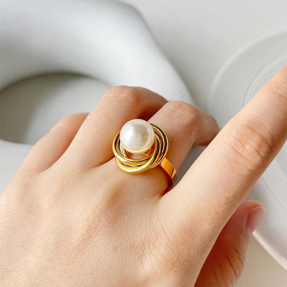 18K Classy Statement Dual Disc Pearl Ring