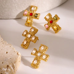 18K Textured Oval Diamond Cross Earrings