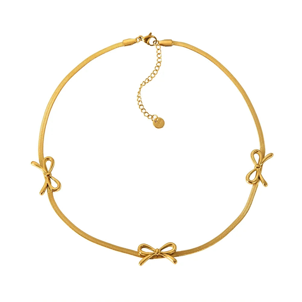 18K Feminine Bow Herringbone & Dainty Pearl Necklace