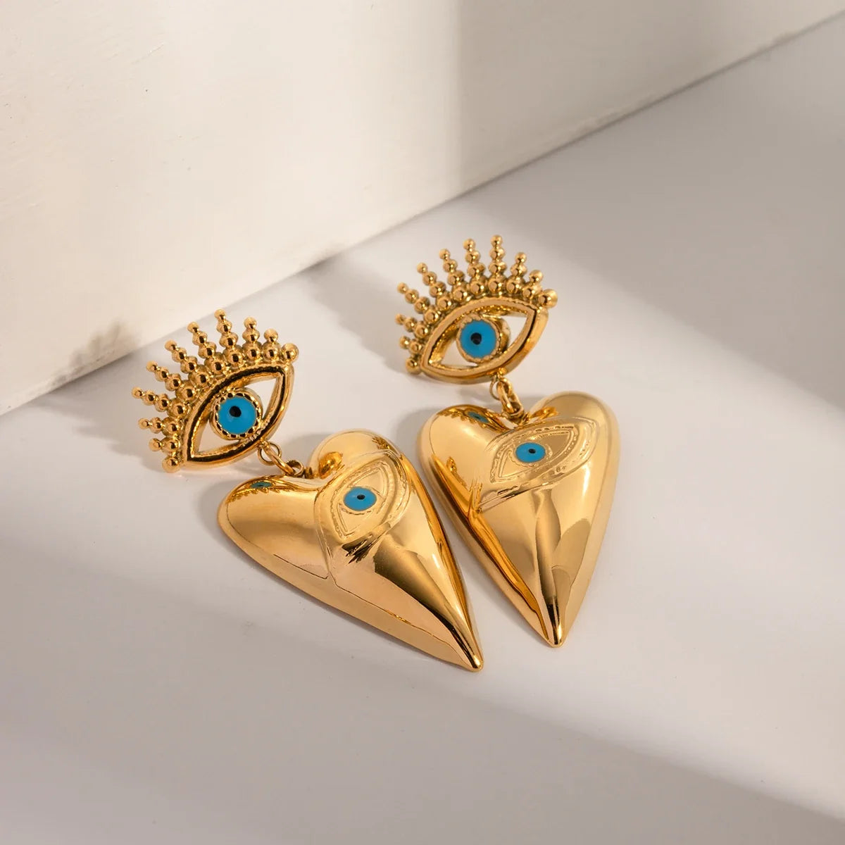 18K Evil Eye Heart Dangle Earrings