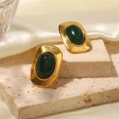 18K Green Oval Opal Rectangle Earrings