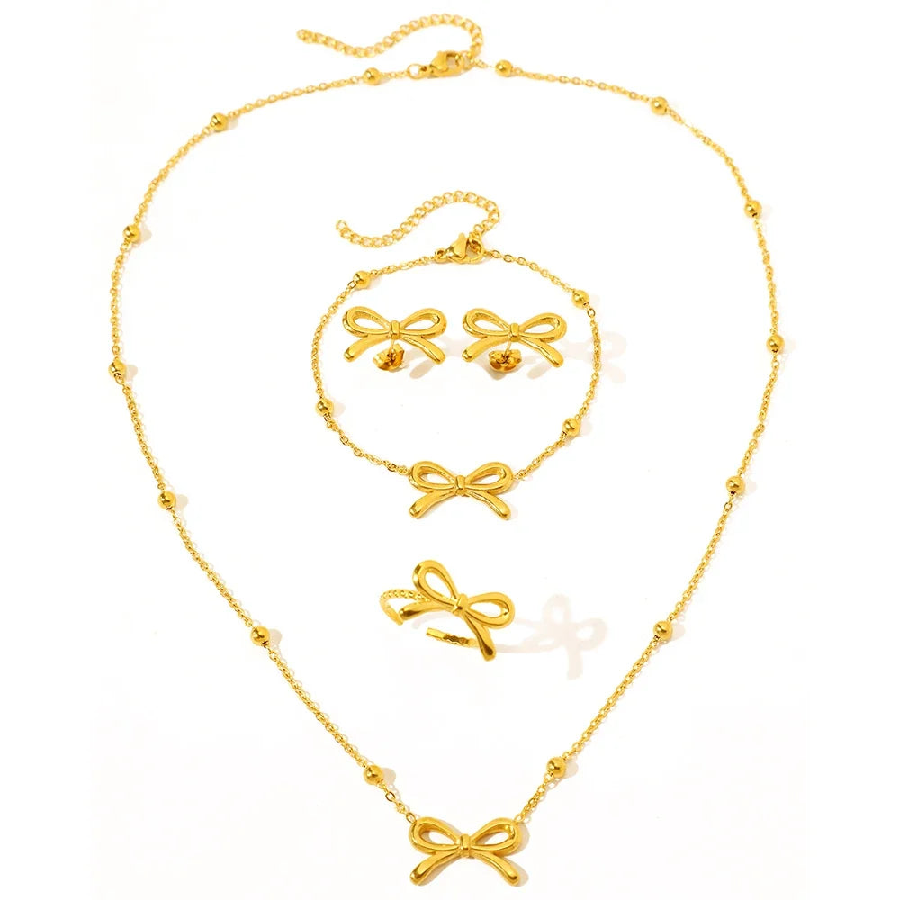 Feminine Bow Satellite Chain Necklace, Bracelet, Earrings, and Ring Set