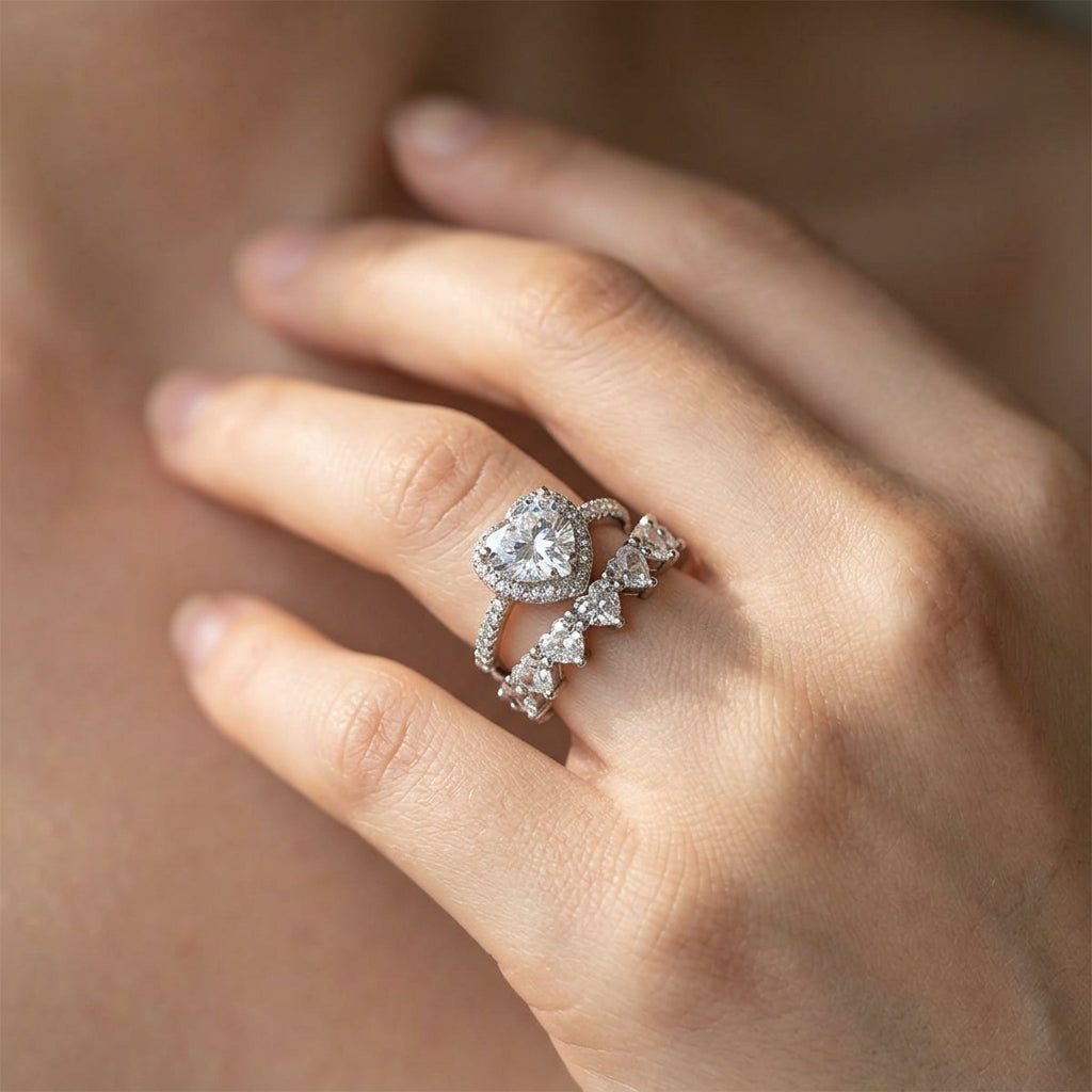 2-Piece Elegant Heart CZ Ring Stack