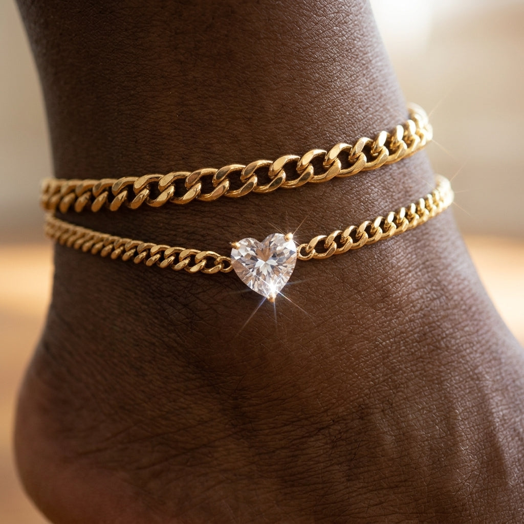 2-Piece Cuban Heart Accented Anklet Set