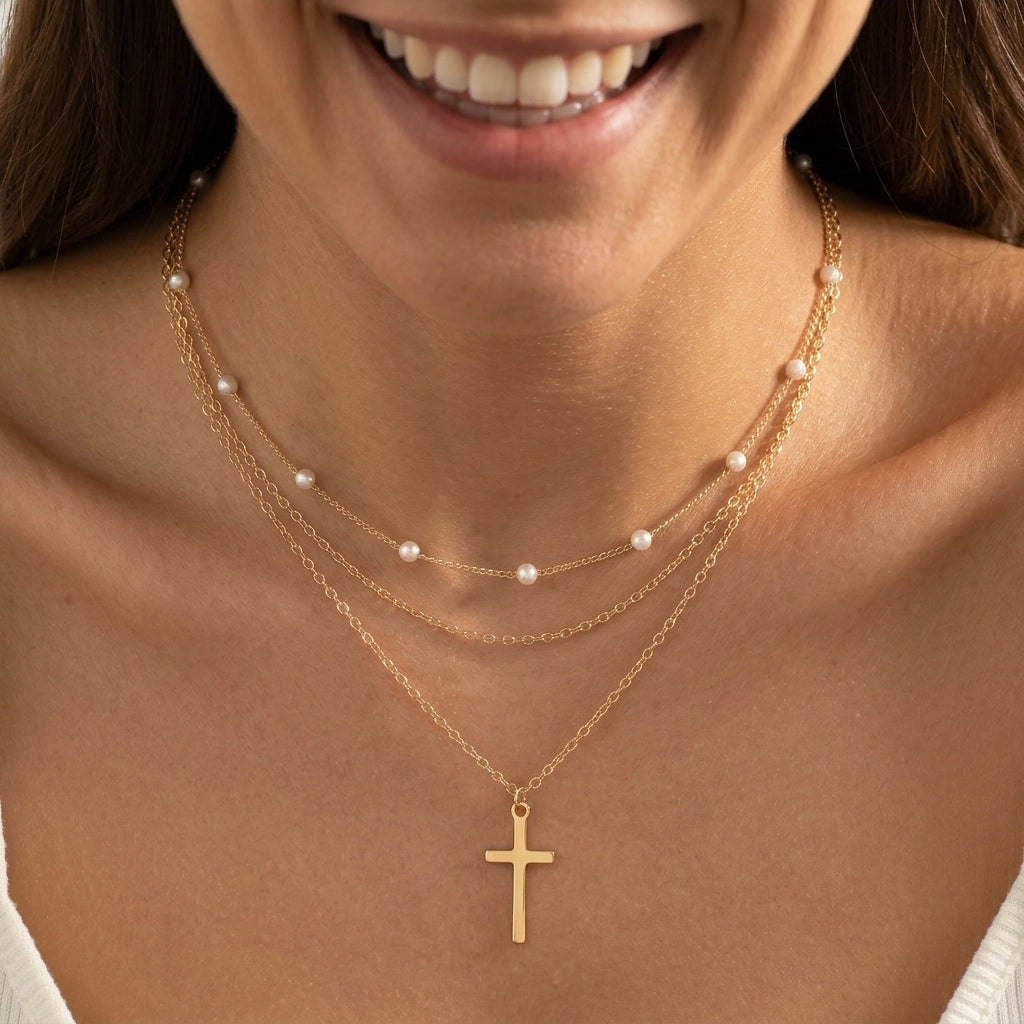 2-Piece Dainty Layered Pearl & Cross Necklace Stack
