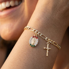 18K Virgin Mary & Cross Figaro Bracelet