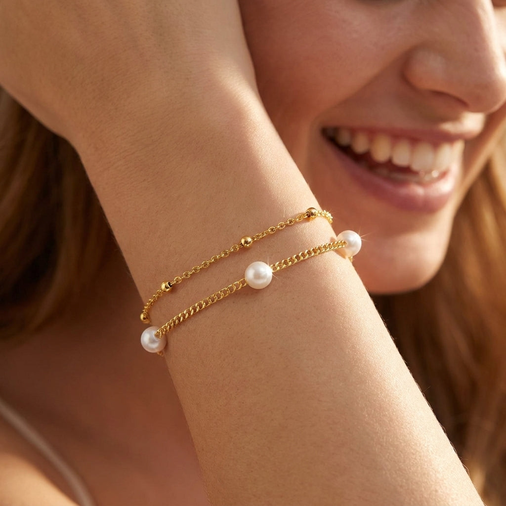 14K 2-Piece Dainty Pearl & Satellite Bracelet Stack