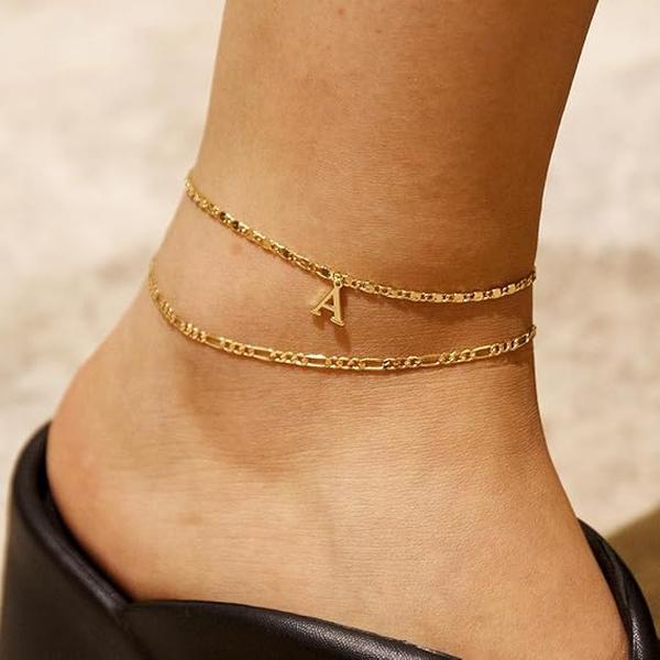 2-Piece 14K Serif Letter Initial Anklet Set