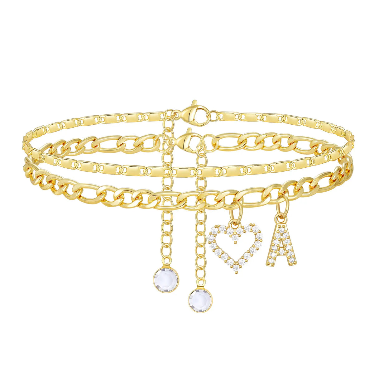 2-Piece 14K Letter Initial & Diamond Heart Anklet