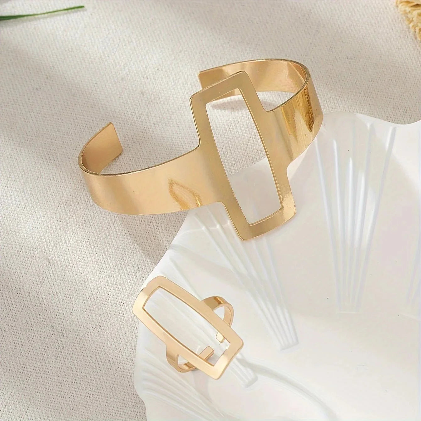 Adjustable Geometric Rectangle Bracelet and Ring Set - Veinci
