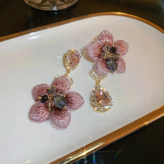 Asymmetrical Oriental Hibiscus Crystal Earrings - Veinci