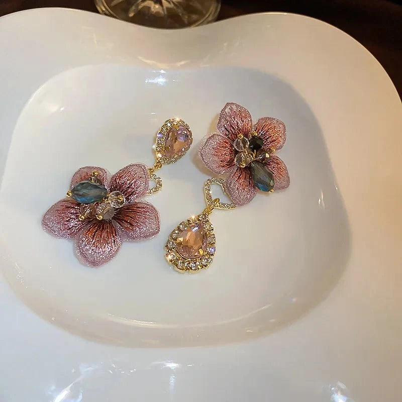 Asymmetrical Oriental Hibiscus Crystal Earrings - Veinci