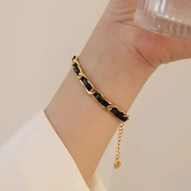 Braided Gold and Black Chain Leather Bracelet - Veinci