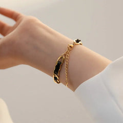 Braided Gold and Black Chain Leather Bracelet - Veinci