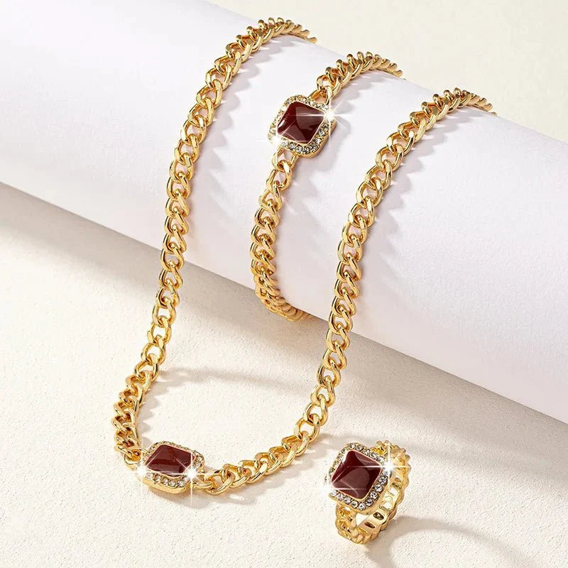 Cuban Square Diamond Necklace, Bracelet, and Ring Set - Veinci