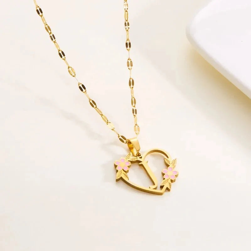 Dainty Floral Accented Heart Letter Initial Necklace - Veinci