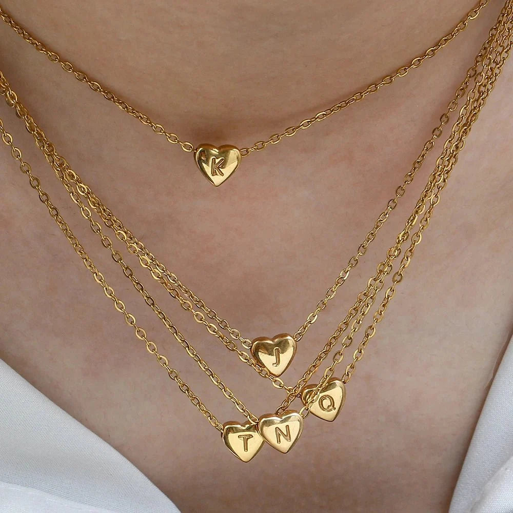 Dainty Minimal Heart Initial Letter Necklace - Veinci