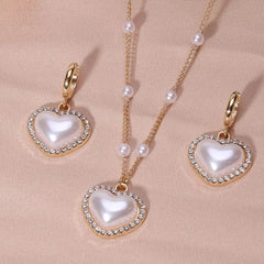 Elegant Pearl Heart Necklace and Earrings Set - Veinci