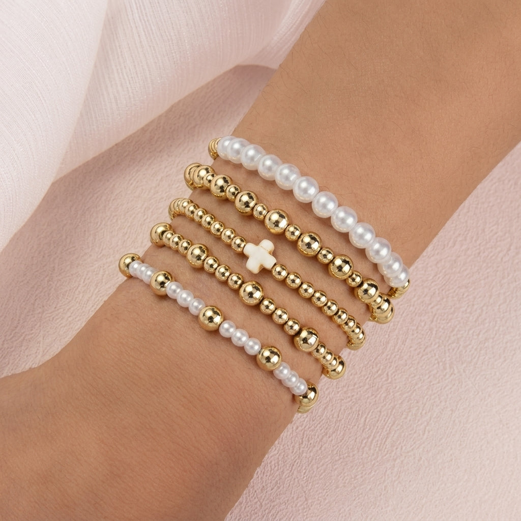 5-Piece Gold & Pearl Cross Beaded Bracelet Stack