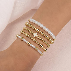 5-Piece Gold & Pearl Cross Beaded Bracelet Stack