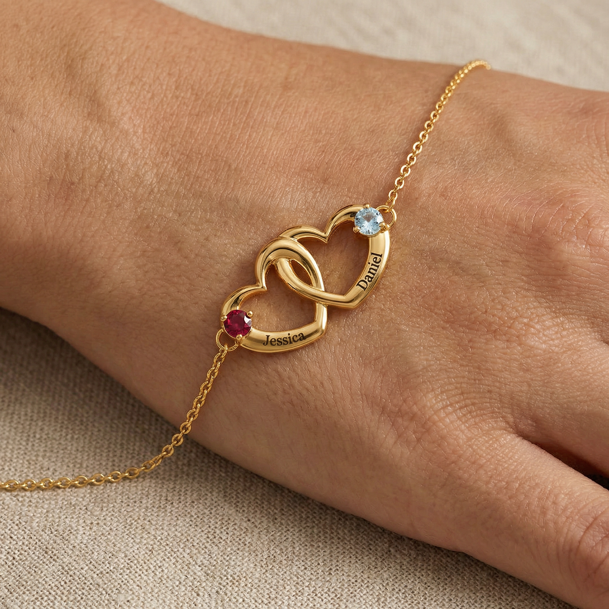 Personalized Name & Birthstone Dual Heart Bracelet