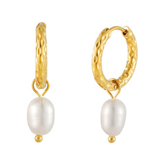 Hammered Pearl Hoop Earrings