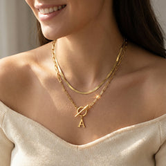 2-Piece Paperclip Initial Toggle Clasp & Herringbone Necklace Set