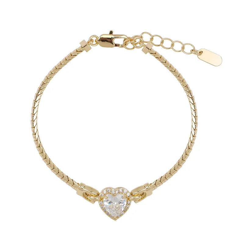 14K Elegant CZ Heart Snake Chain Bracelet