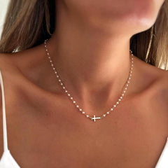 2-Piece Dainty Pearl & Cross Necklace & Bracelet Set