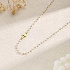 2-Piece Dainty Pearl & Cross Necklace & Bracelet Set