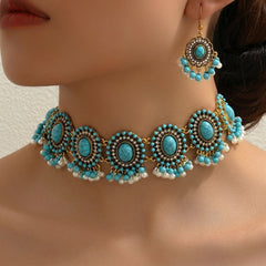 Boho Turquoise Earrings & Choker Necklace Set