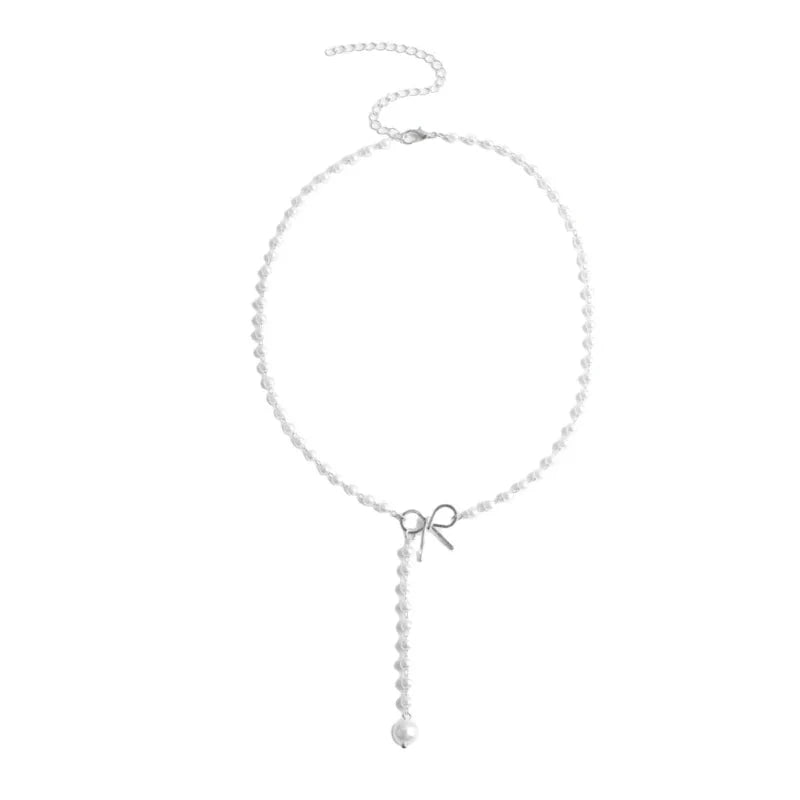Pearl Dainty Bow Lariat Necklace - Veinci