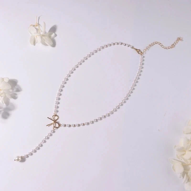 Pearl Dainty Bow Lariat Necklace - Veinci