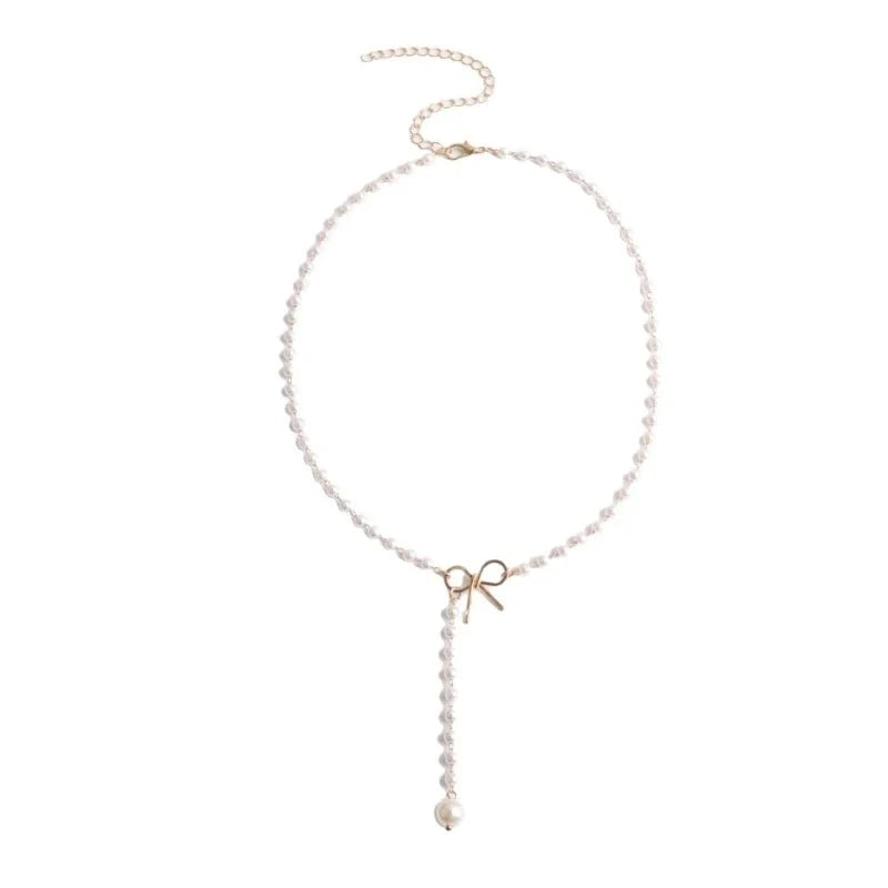 Pearl Dainty Bow Lariat Necklace - Veinci