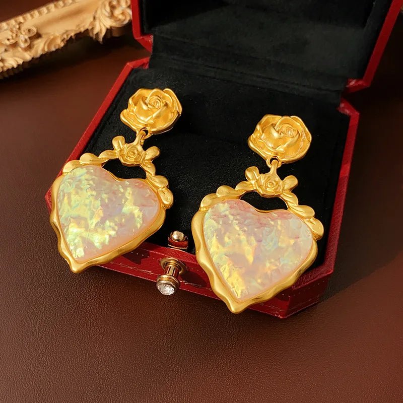 Rose Floral Enamel Heart Earrings - Veinci