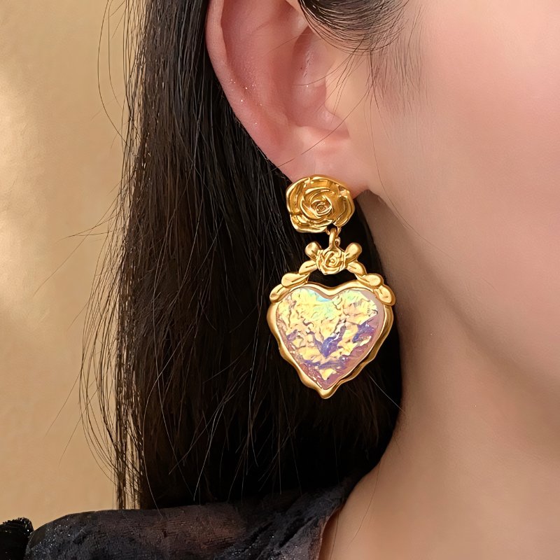 Rose Floral Enamel Heart Earrings - Veinci